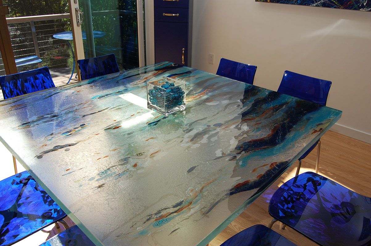 custom glass table top and lucite chairs