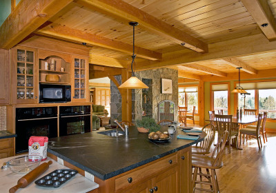 kitchen flows into dining and living areas