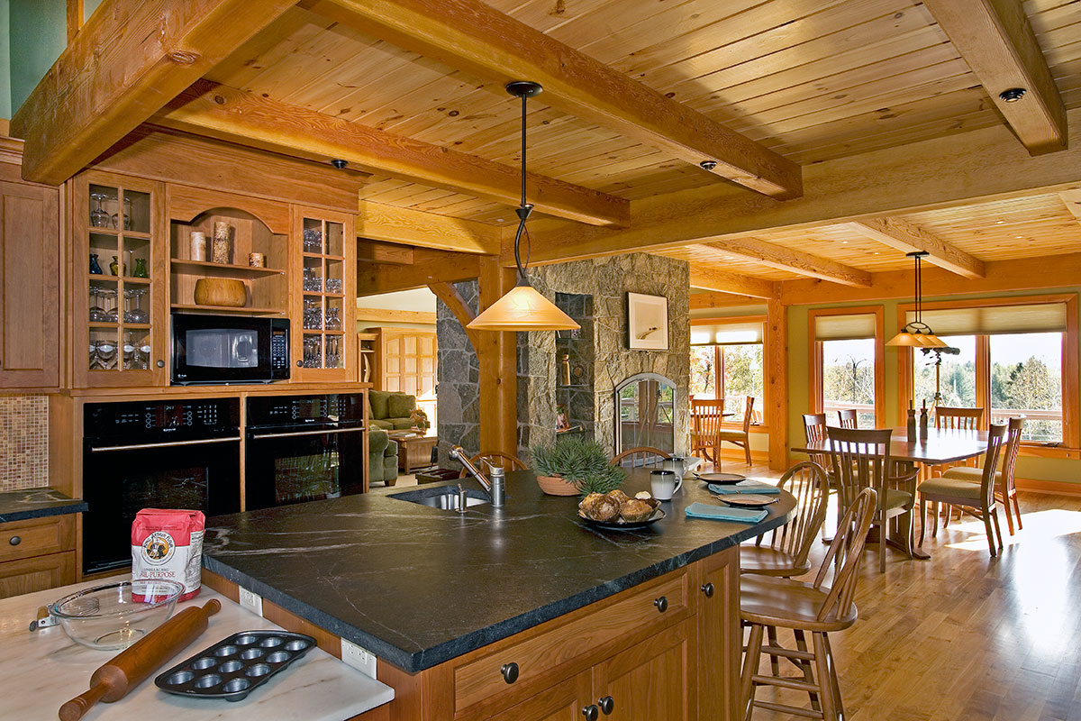 kitchen flows into dining and living areas