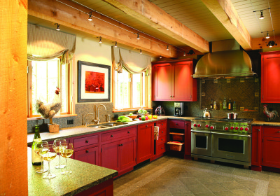 cool cable lighting between beams in rustic modern kitchen renovation