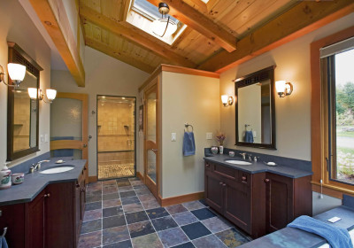 bathroom remodel with natural materials: cherry, stone, natural light